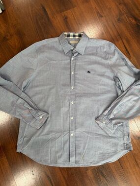 Burberry Light Blue Button-Down Shirt with Check Collar Trim